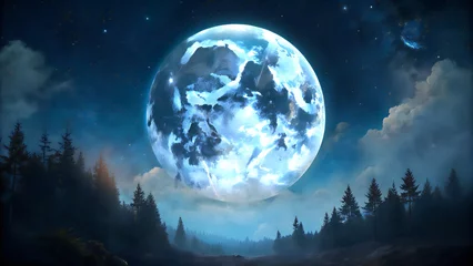 Wall murals Full moon and trees full moon in a dark blue night sky, casting a cool light on the tall trees and winding path of a dense forest below