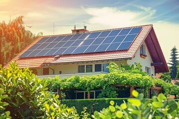 a house with solar panels on the roof - obrazy, fototapety, plakaty