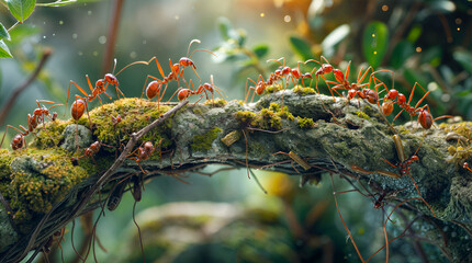 Ants on a mossy log in a forest.