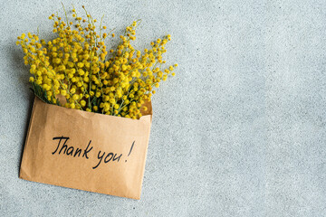 Envelope with Mimosa Flowers and a Thank You Message