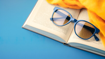 Summertime reading concept with book and sunglasses. Generative AI image