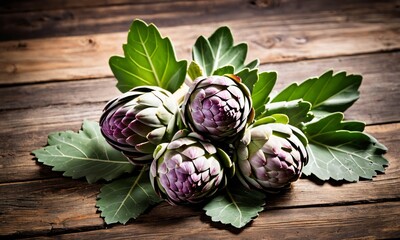 baby artichoke with leaves on a worn wood as background