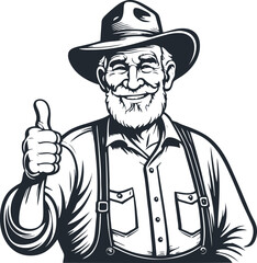 Old farmer in a hat shows thumbs up. vector illustration	