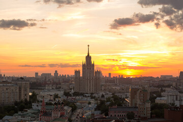 Panorama with Stalin skyscraper on Kotelnicheskaya quay during sunset in Moscow, Russia