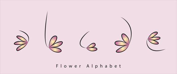 Obraz premium Flower-Alphabet aus Buchstaben in Form von rosa gelben Blumen und schwarzer Kontur