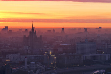 Russian Federation government building and Stalin skyscraper at morning in Moscow, Russia