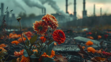 Flowers dying from air pollution in pollution from industrial background - obrazy, fototapety, plakaty