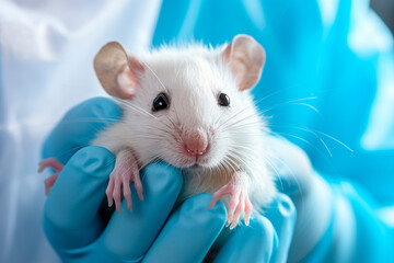 Close up of a doctor with medical gloves holding a cute rat in his hands. Generative AI