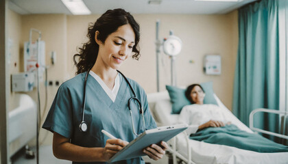 Obraz premium female doctor standing in hospital; nurse standing in a patients room; portrait of a doctor nurse