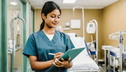 female doctor standing in hospital; nurse standing in a patients room; portrait of a doctor nurse