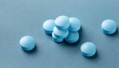Blue round pills on top of light surface. Pharmaceutical drug. Medical treatment.