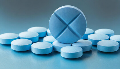 Blue round pills on top of light surface. Pharmaceutical drug. Medical treatment.