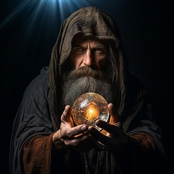 In a dimly lit chamber, a bearded wizard in a dark robe gazes into a shimmering crystal ball surrounded by glowing symbols. Join him on a mystical journey through the unknown.