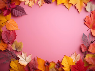 Cozy Autumn. Weather backdrop. Autumn leaves. Frame of colorful  leaves on colour background. Back to school background.
