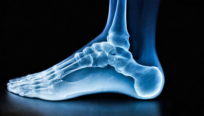 X-ray of human foot, illuminated in blue against black background. 3D rendering of medical screen.