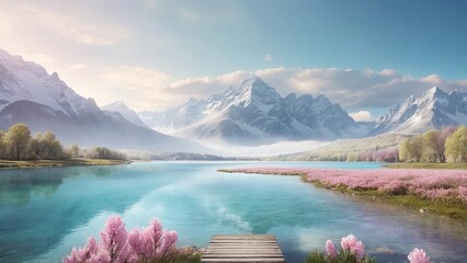 Serene spring landscape, complete with a crystal clear lake, towering mountains, and a soft pastel...