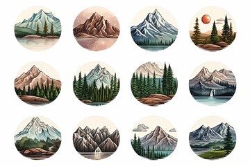 Set of Vintage adventure badge Camping emblem with mountain stickers logo clipart illustration on white background
