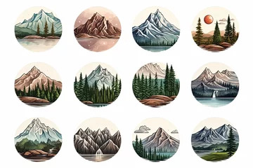 Fotobehang Bergen Set of Vintage adventure badge Camping emblem with mountain stickers logo clipart illustration on white background