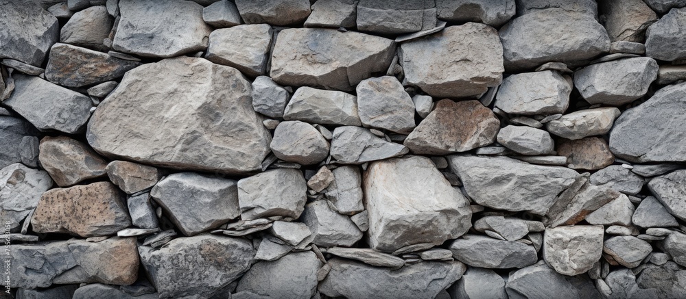 Poster a detailed view of a stone wall built using a combination of rocks and cement. the rocks are arrange