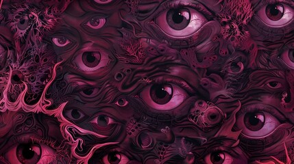 a wallpaper with unnerving eyes abstract pattern in dark deep wine red colors