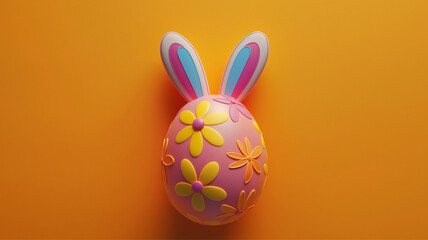Fototapeta premium Easter egg with bunny ears, orange background, concept of the Christian holiday Easter