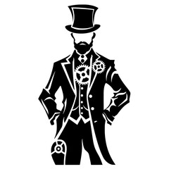 Steampunk-Gentleman mit Zylinder und Gehstock schwarz-weiß vektor