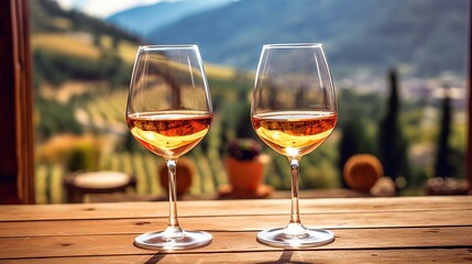 Two glasses of white wine on a terrace in Tuscany,
