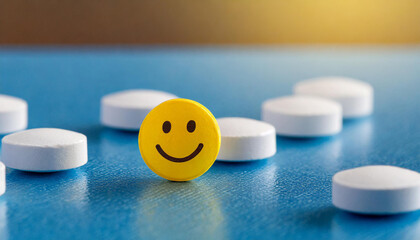 Yellow pill with smile face, heap of white pills on blue table. Medical care. Depression treatment.