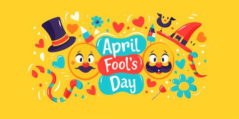 Obraz na płótnie Canvas Funny smiling faces with mustaches and candy for April Fool's Day poster design. Background with text April Fools' Day and cartoon emoji smiley faces, mustache, clown hat