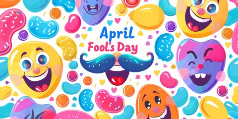 Funny smiling faces with mustaches and candy for April Fool's Day poster design. Background with text April Fools' Day and cartoon emoji smiley faces, mustache, clown hat