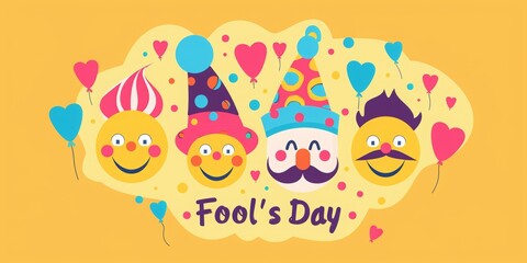 Obraz premium Funny smiling faces with mustaches and candy for April Fool's Day poster design. Background with text April Fools' Day and cartoon emoji smiley faces, mustache, clown hat