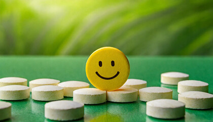 Yellow pill with smile face, heap of white pills on green table. Medical care. Depression treatment
