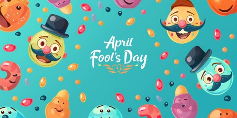 Funny smiling faces with mustaches and candy for April Fool's Day poster design. Background with text April Fools' Day and cartoon emoji smiley faces, mustache, clown hat