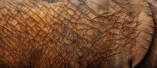 A detailed view of an Asian elephants rugged skin texture, showcasing the intricate wrinkles and patterns on its face and trunk. The elephants long trunk is prominently displayed, highlighting its