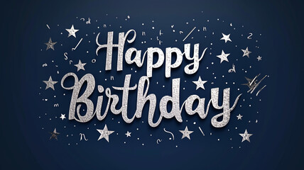 "Happy Birthday" in sparkling silver letters on a flat navy blue background.