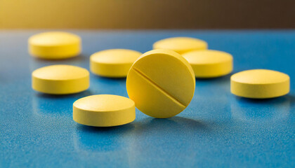 Yellow pills on blue table. Pharmaceutical vitamin or drug. Medical care and treatment.