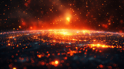 Warm hues of a digital landscape spread across the horizon, reminiscent of a fiery sunset over a sea of data.