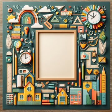 Photo Frame based on abstract art of clock, pencil, rain bow, ruler