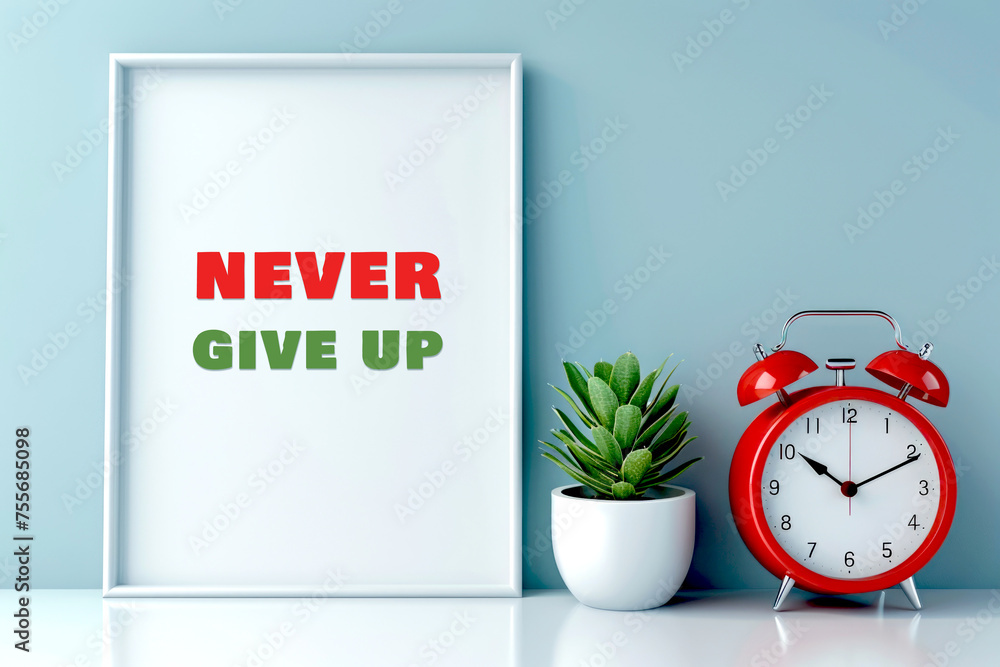 Poster a red alarm clock sitting next to a picture frame with text never give up