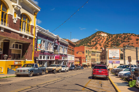 Bisbee, Arizona, USA - October 17, 2018 : Downtown Bisbee located in the Mule Mountains with the large B on a hill in the background. This former mining town is a popular tourist destination.