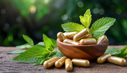 Herbal capsules from herbs in bowl on rustic wooden table with green leaves. Dietary supplements.