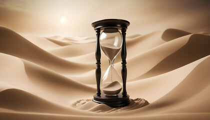 the essence of time with an hourglass on one side, its sands flowing gracefully, and a clock on the...