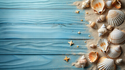 Fototapeta na wymiar seashells on the sand on the wooden background 