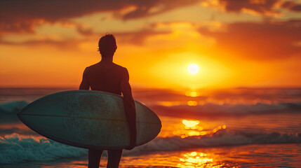 The outline of a youthful individual holding a surfboard against the backdrop of a sunset, evoking a summer ambiance - obrazy, fototapety, plakaty
