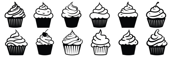 Cupcake silhouettes set, large pack of vector silhouette design, isolated white background