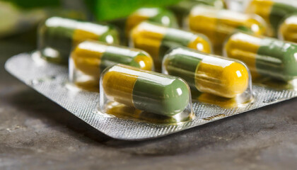 Green-yellow capsule pills in blister pack. Pharmaceutical industry. Drug package. Medical care.