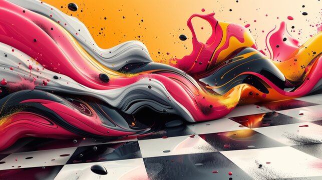 Graphic background, black,white,yellow, red splashes on the background of black and white cells