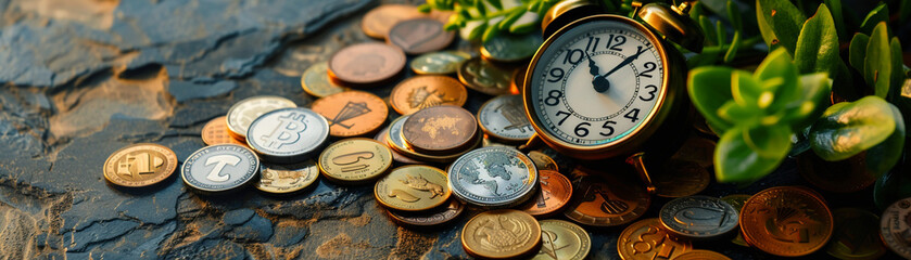 Coins from around the world scattered around a retro alarm clock and small plant