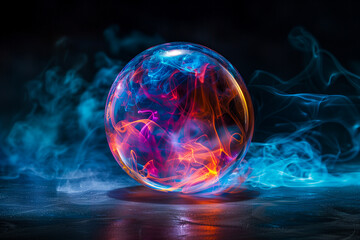 Colorful glowing sphere with plasma and magical energy on a dark background with blue smoke