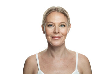 Plakaty  Cheerful mid adult woman with healthy aging skin and natural makeup isolated on white background. Skincare, facial treatment and cosmetology concept